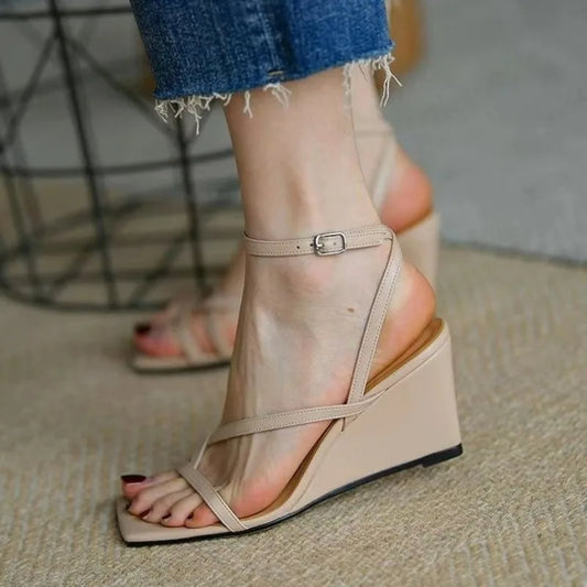 Square Toe Buckle Wedges Sandals
