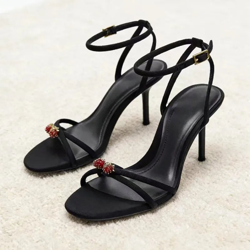 Black Ankle Strap Thin Heels Sandals