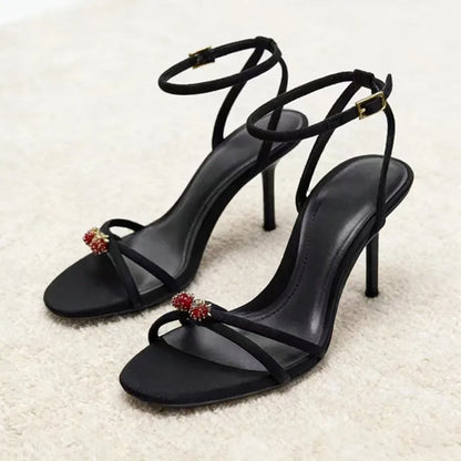 Black Ankle Strap Thin Heels Sandals