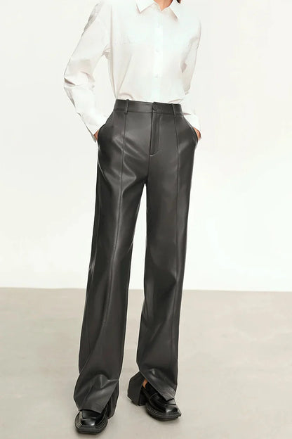 Minimalist Solid Leather Straight Fit Pants
