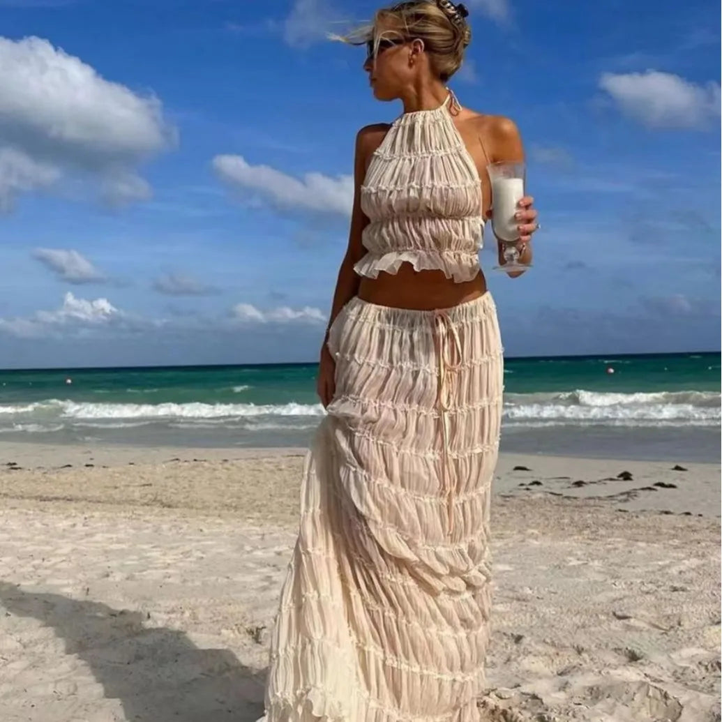 Sheer Lace Up Ruched Skirt Set