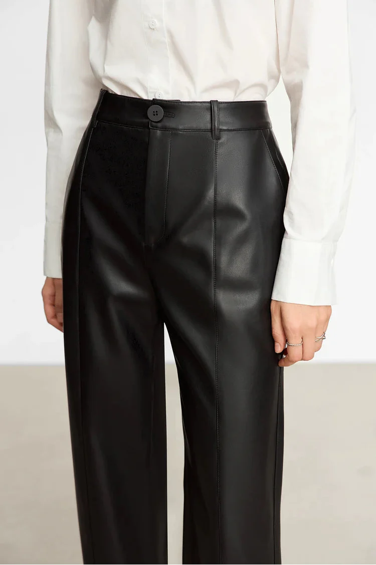 Minimalist Solid Leather Straight Fit Pants