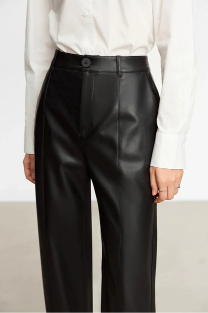 Minimalist Solid Leather Straight Fit Pants