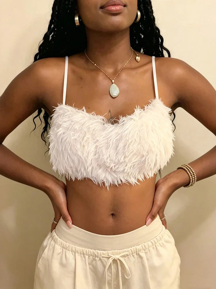 White Faux Furs Backless Crop Top
