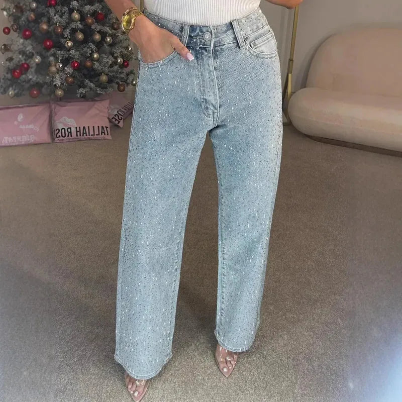 Rhinestone High Waist Straight Jeans