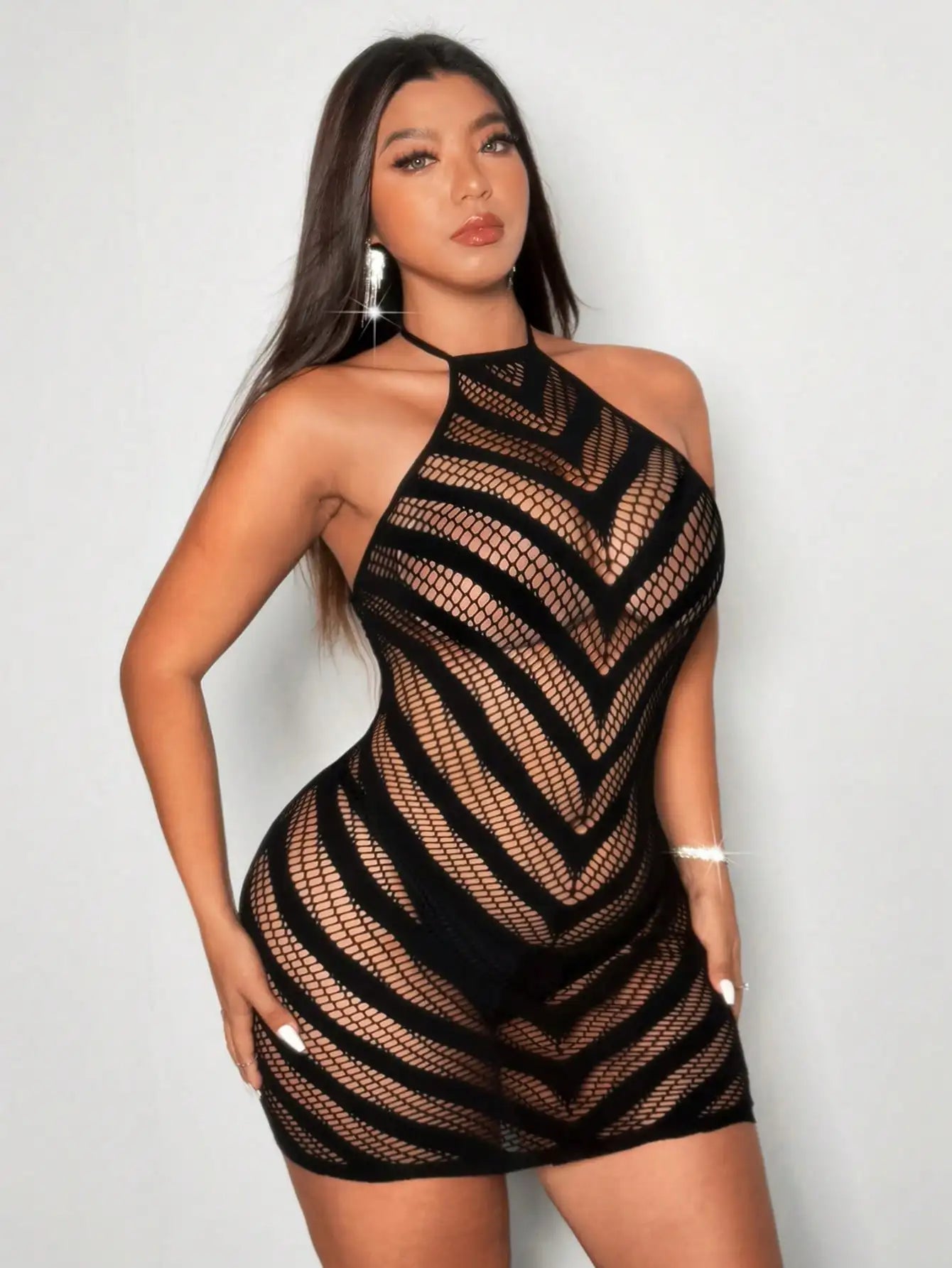 Black Hollow Out Fishnet Mini Dress