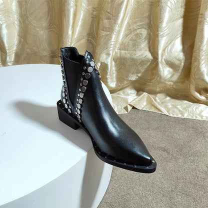 Rivet Pointed Toe Square Heels Boots
