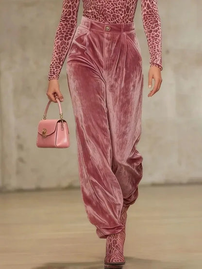 Pink Smooth Velvet Pleated Trousers