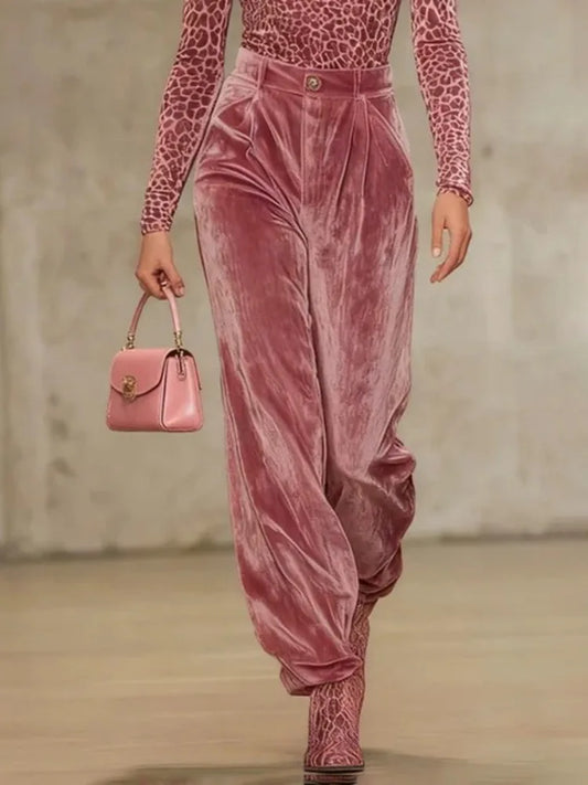 Pink Smooth Velvet Pleated Trousers