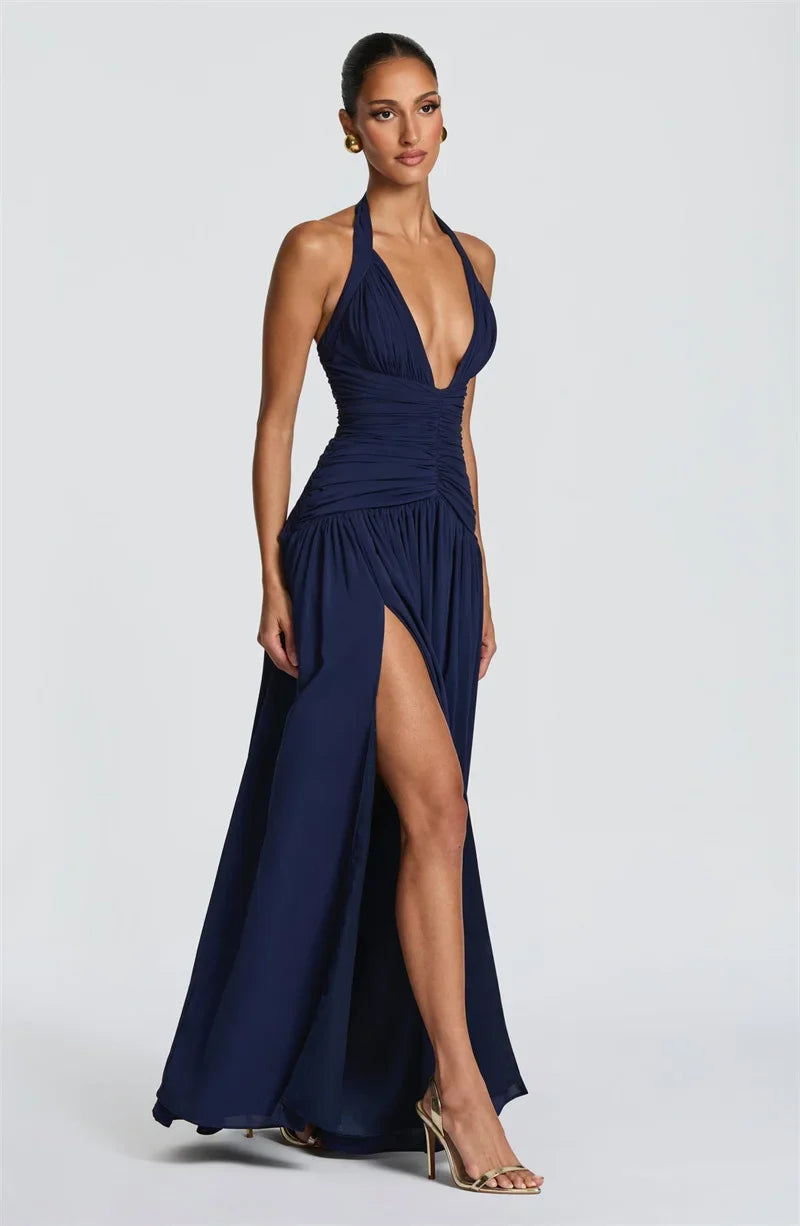 Halter Deep V Neck Backless Long Dress