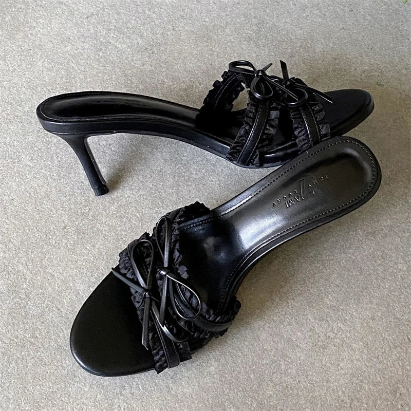 Butterfly-knot Lace Edge Thin Heels Sandals