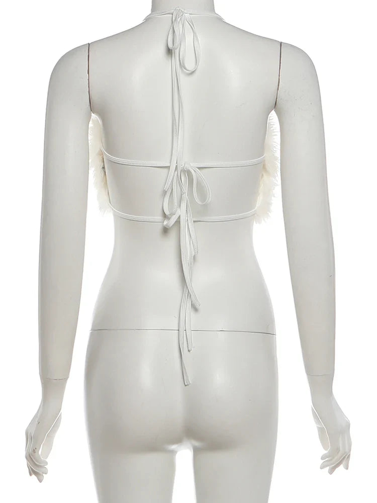 White Faux Furs Backless Crop Top