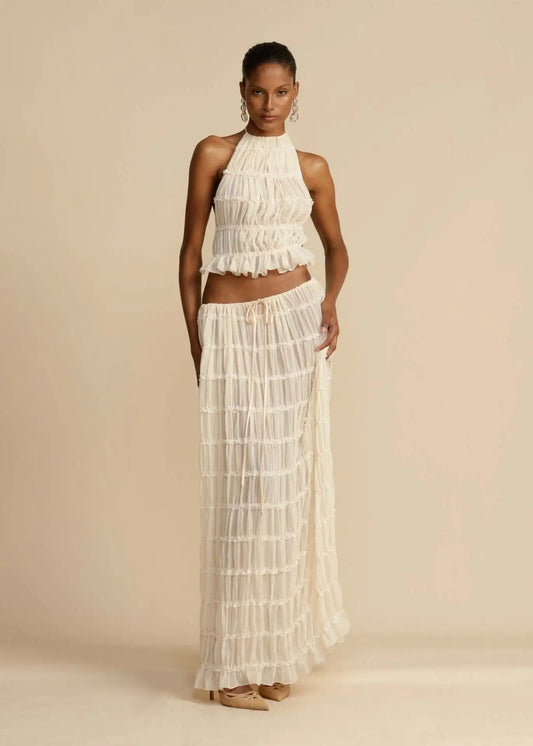 Sheer Lace Up Ruched Skirt Set