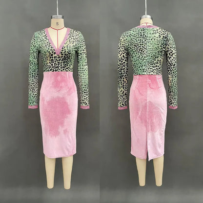 Green Leopard Pink Midi Dress