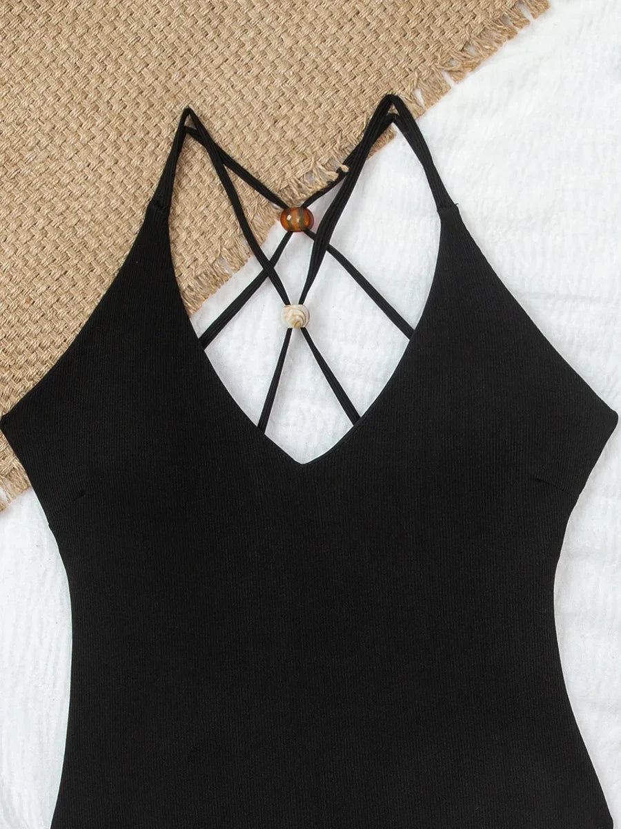 Ribbed Cross Backless One Piece