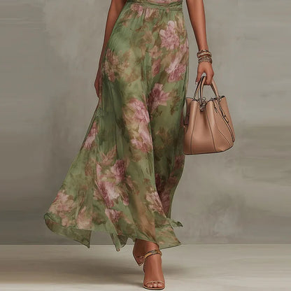 Elegant Halter Green Floral Maxi Dress