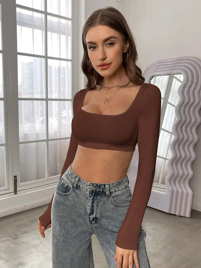 Long Sleeve Square Collar Crop Top