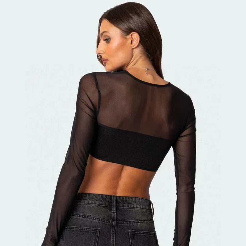 Black Mesh Long Sleeve Crop Top