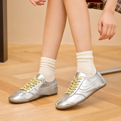 Solid Genuine Leather Lace-up Sneakers