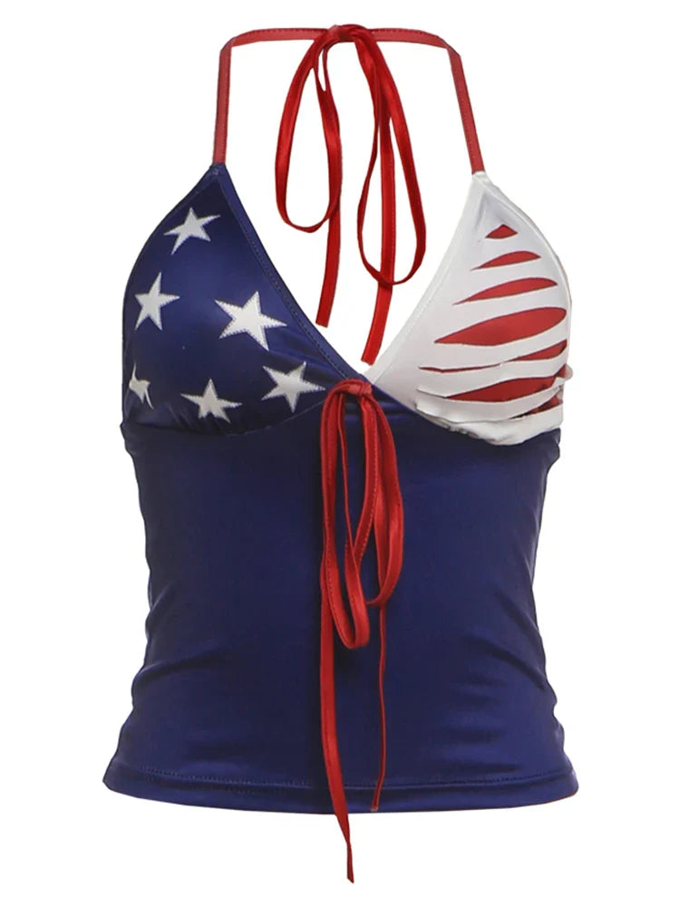 Star Printed Patchwork Backless Tank Top