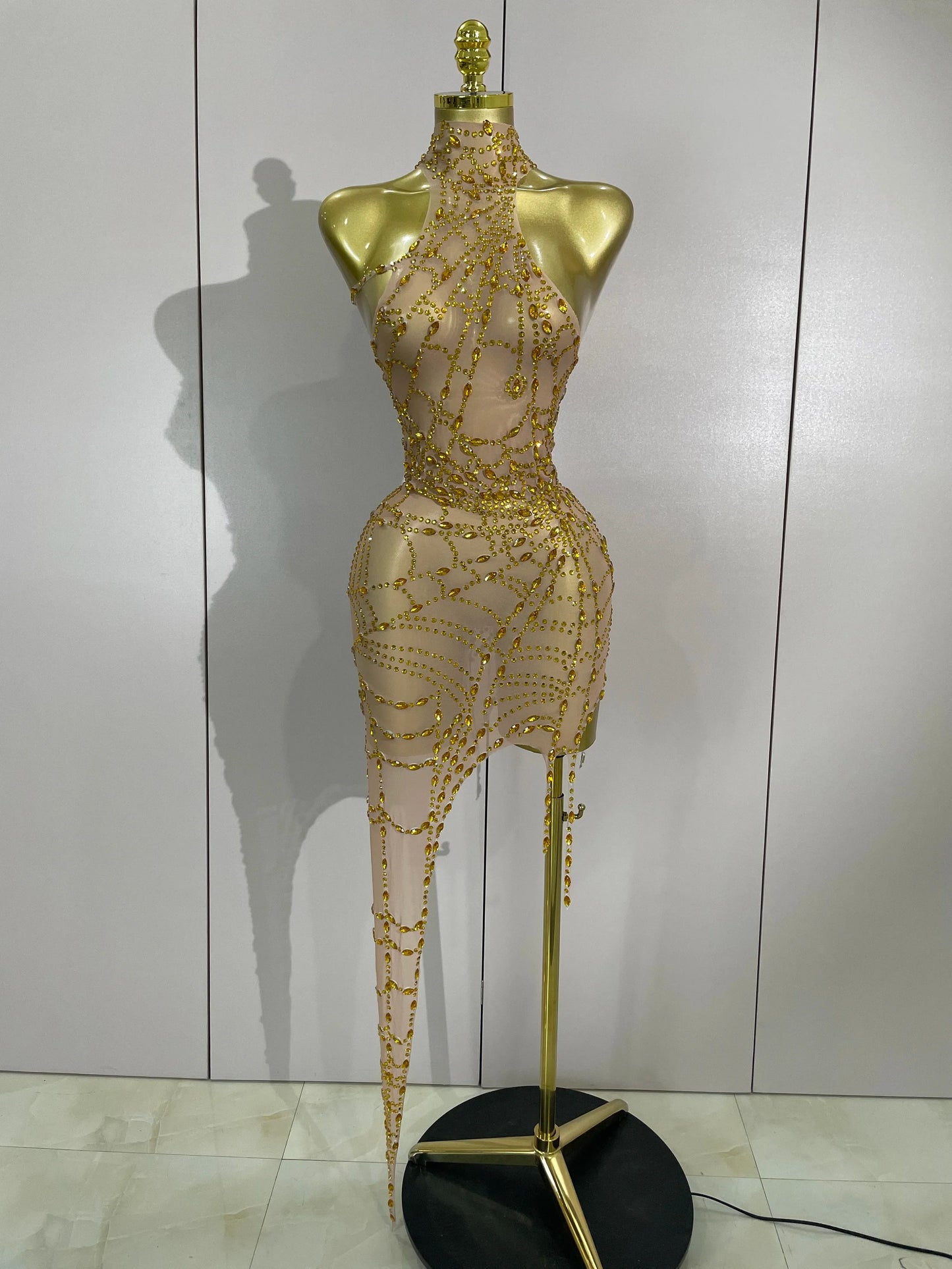 Rhinestone Mesh Asymmetric Mini Dress