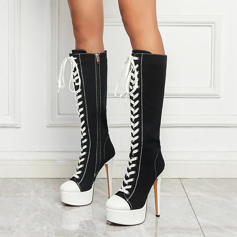 Platform Lace-Up Zipper Knee-High Boots