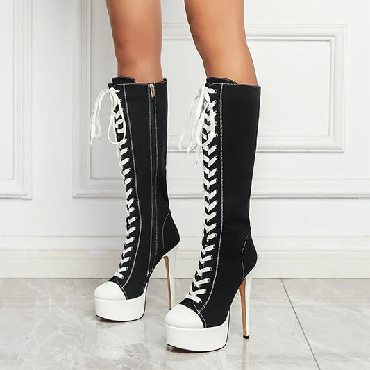 Platform Lace-Up Zipper Knee-High Boots