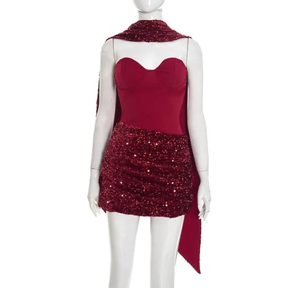 Chic Sequin Scarf Collar Mini Dress