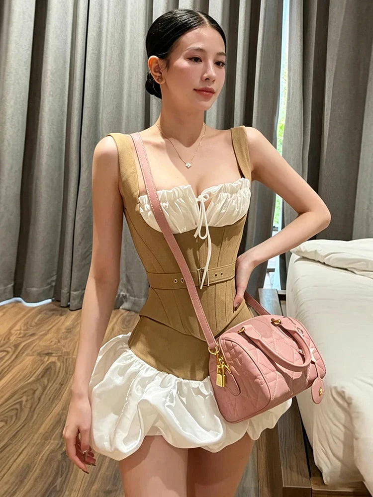 Belt Decoration Vest Puffy Skirt Set