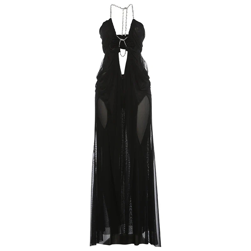 See-Through Halter Chain Backless Long Dress