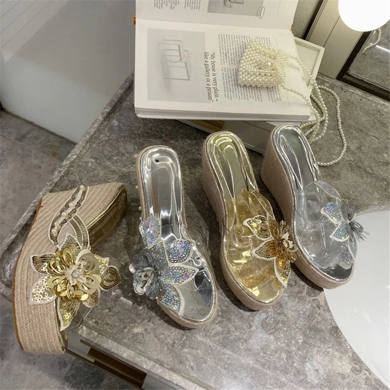 Bling Sequin Flower Transparent Wedges Sandals