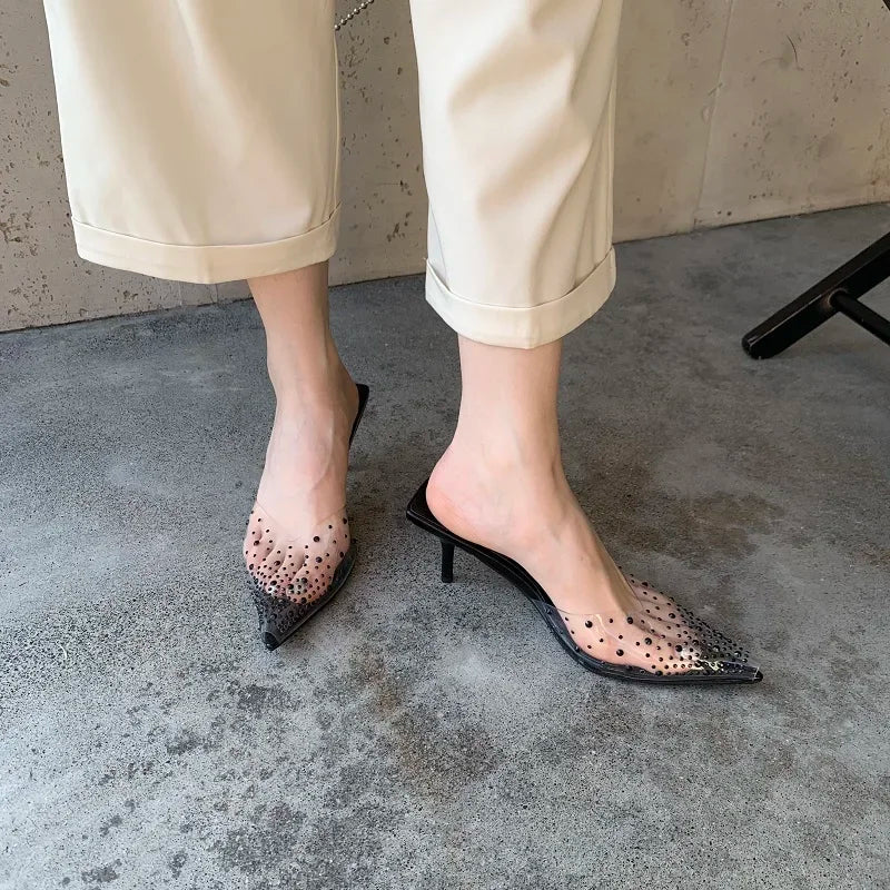 Rhinestone Transparent Mules Pump Shoes