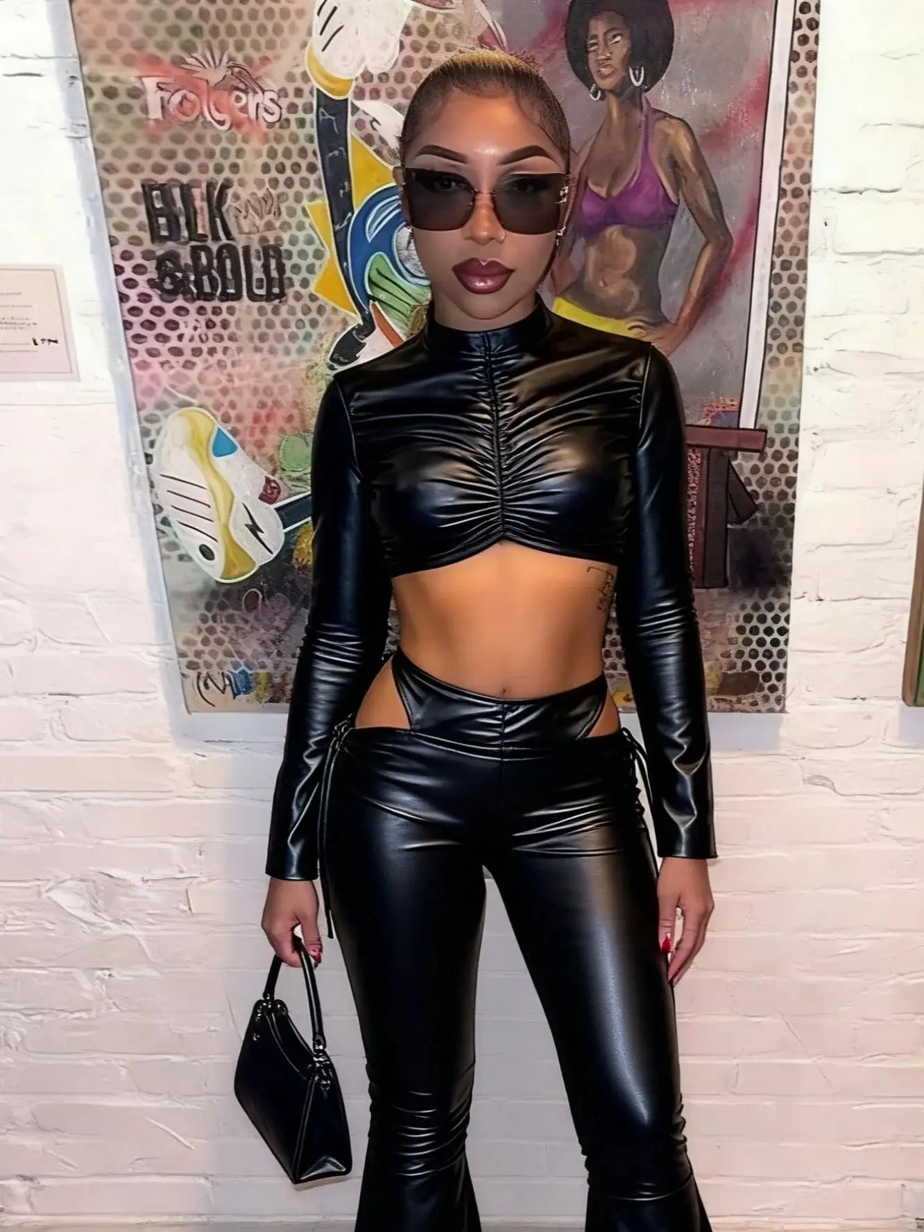 Black Hollow Shirring Pants Set