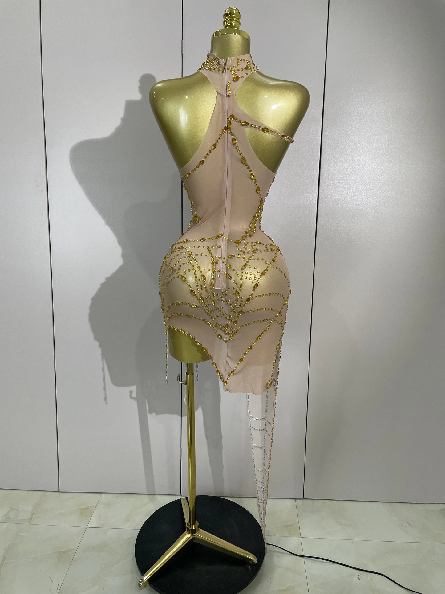 Rhinestone Mesh Asymmetric Mini Dress