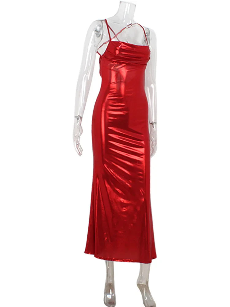 Red Shiny Backless Maxi Dress