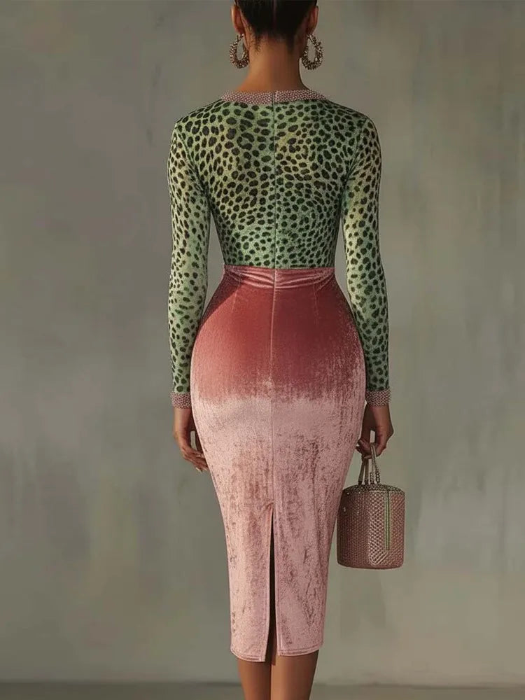 Green Leopard Pink Midi Dress