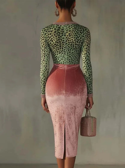 Green Leopard Pink Midi Dress