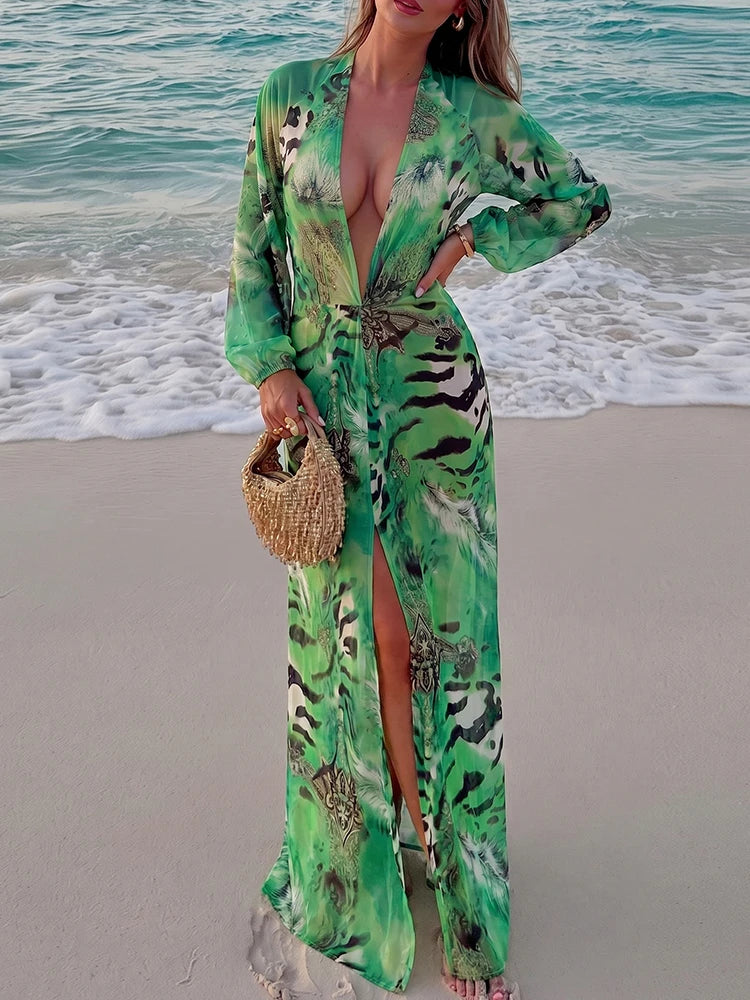Lantern Sleeve Tiger Stripe Maxi Dress