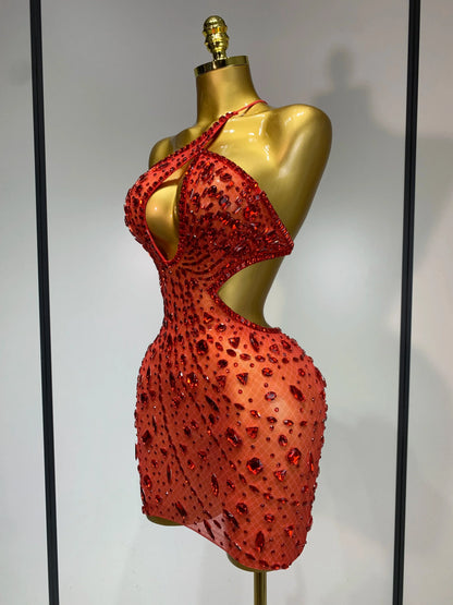 Rhinestone Cut-Out Backless Mini Dress