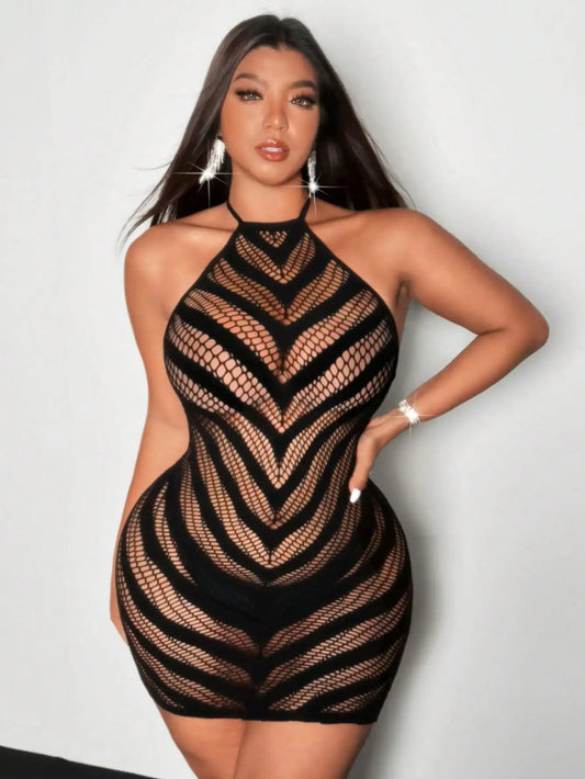 Black Hollow Out Fishnet Mini Dress