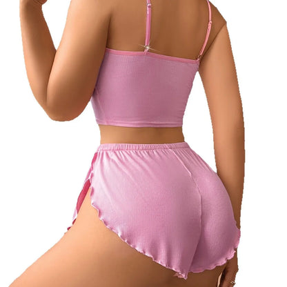 Solid Color Lace Trim Pajamas