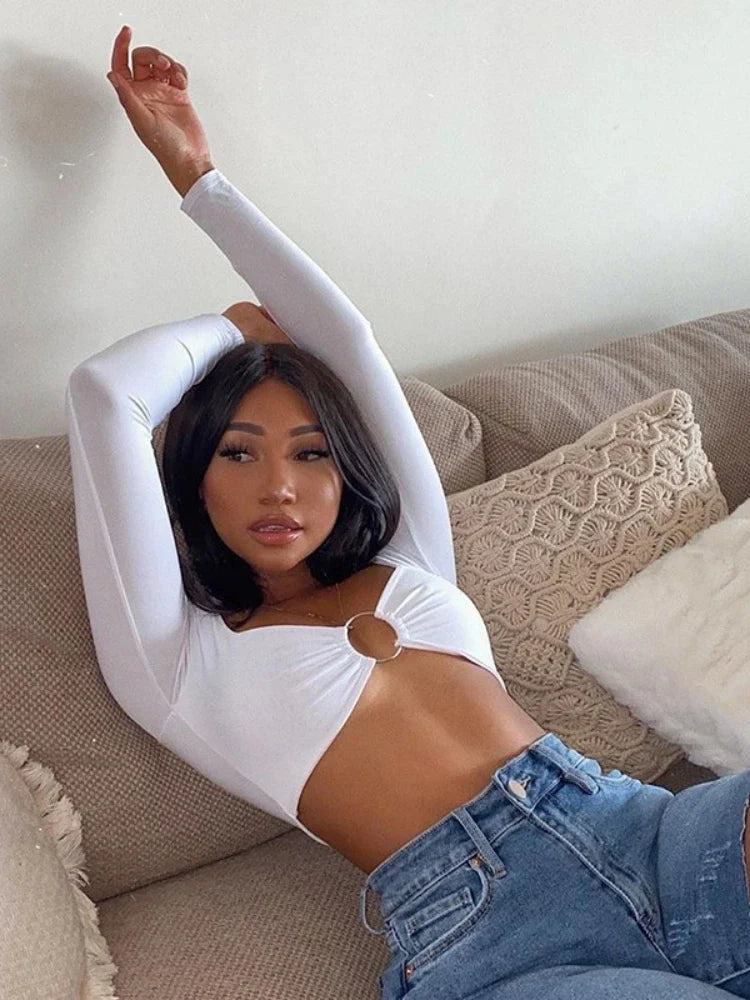 O-Ring Hollow Long Sleeve Crop Top