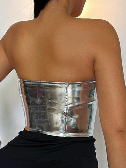 Metallic Color Lace-Up Front Crop Top