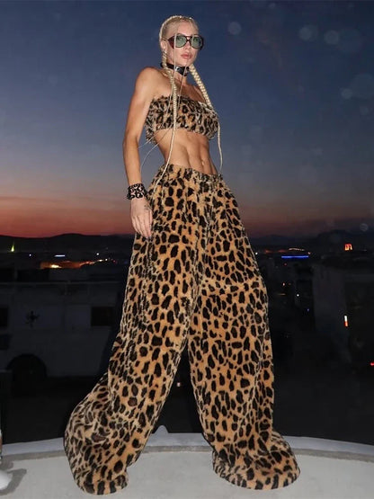 Furry Leopard Print Pants Set