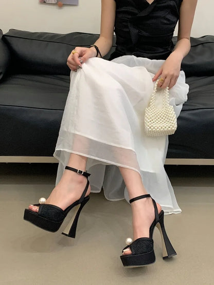 Buckle Strap Pearl Decor Pump Sandals