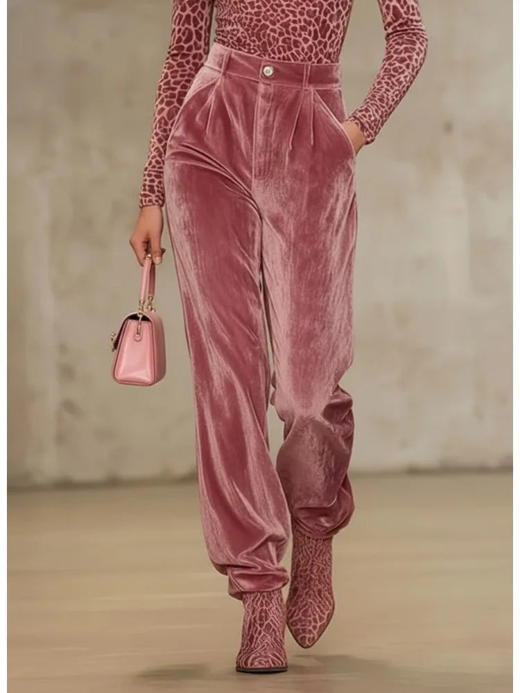 Pink Smooth Velvet Pleated Trousers