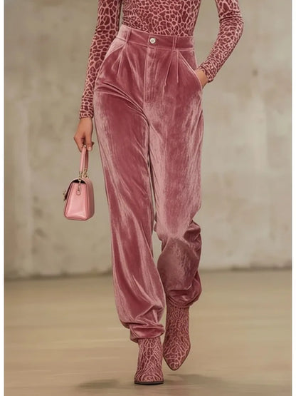 Pink Smooth Velvet Pleated Trousers