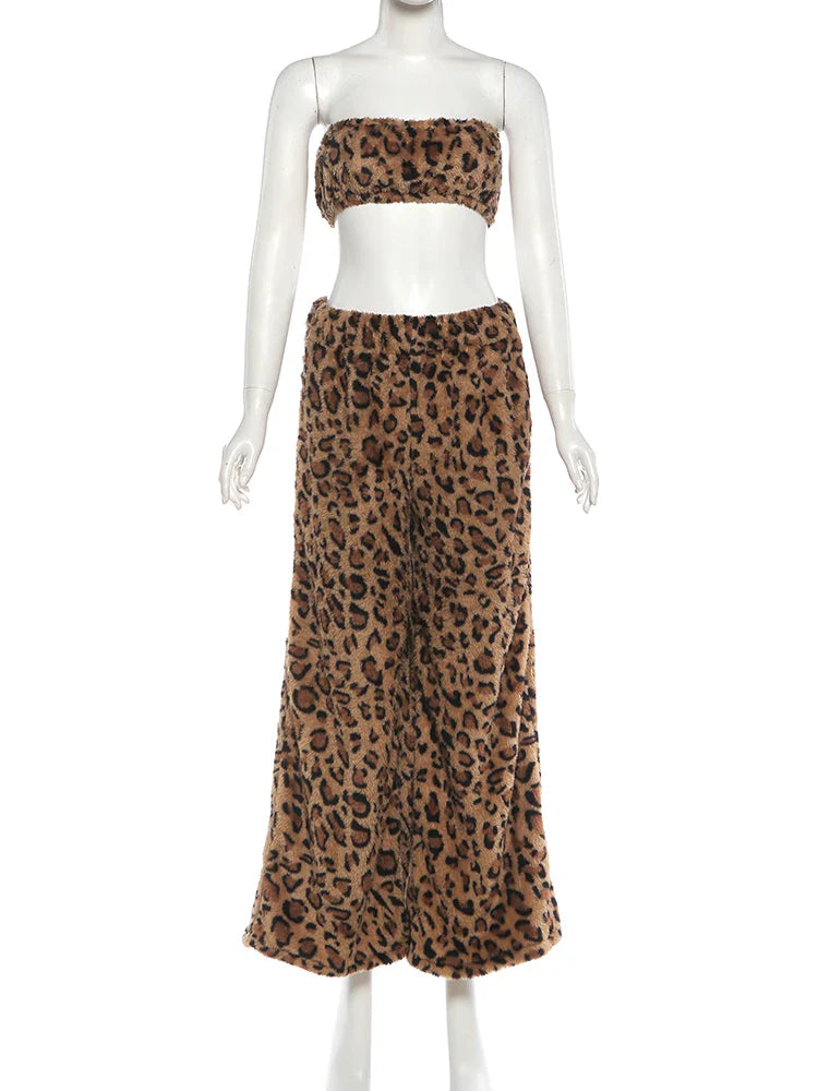 Furry Leopard Print Pants Set