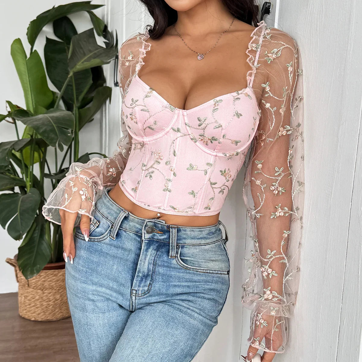 Flower Embroidery Lace Bustier
