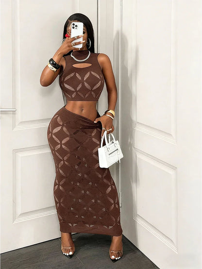 Sheer Mesh Hollow-Out Skirt Set